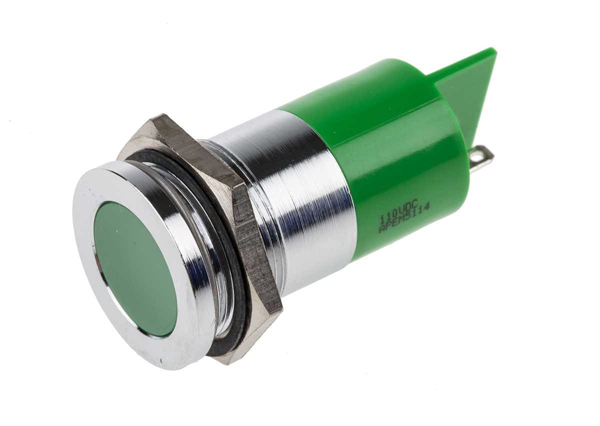 RS PRO Green Panel Mount Indicator, 110V dc, 22mm Mounting Hole Size, IP67