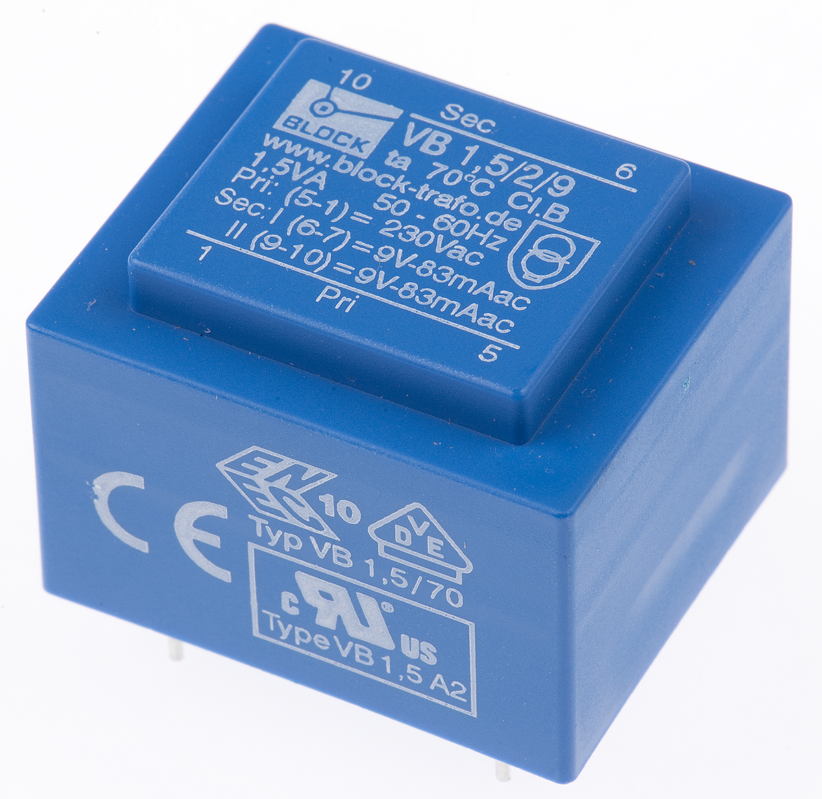 Block 9V ac 2 Output Through Hole PCB Transformer, 1.5VA