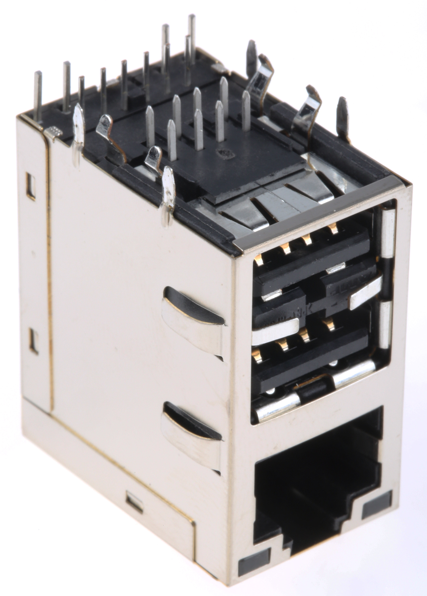 Bel-Stewart MagJack Series Female RJ45 Connector, Through Hole, STP Shield Right Angle RJ45+Dual USB -Way