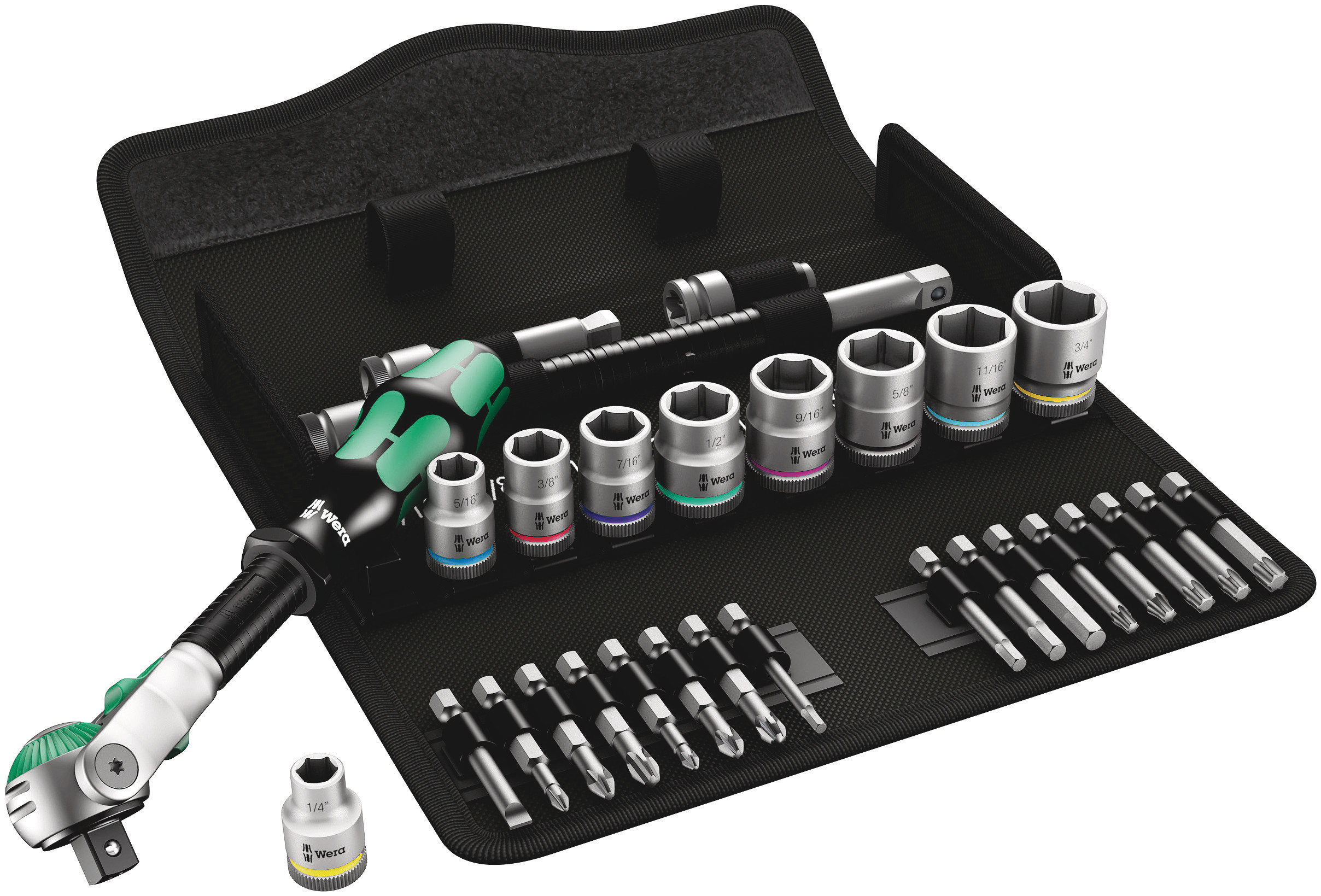 Wera 29-Piece Imperial 3/8 in Standard Socket/Bit Set with Ratchet, 6 point; Hex Bit; Phillips Bit; Pozidriv Bit;