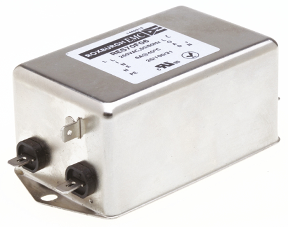 Roxburgh EMC, RES70 6A 250 V ac DC → 400Hz, Chassis Mount RFI Filter, Fast-On, Single Phase