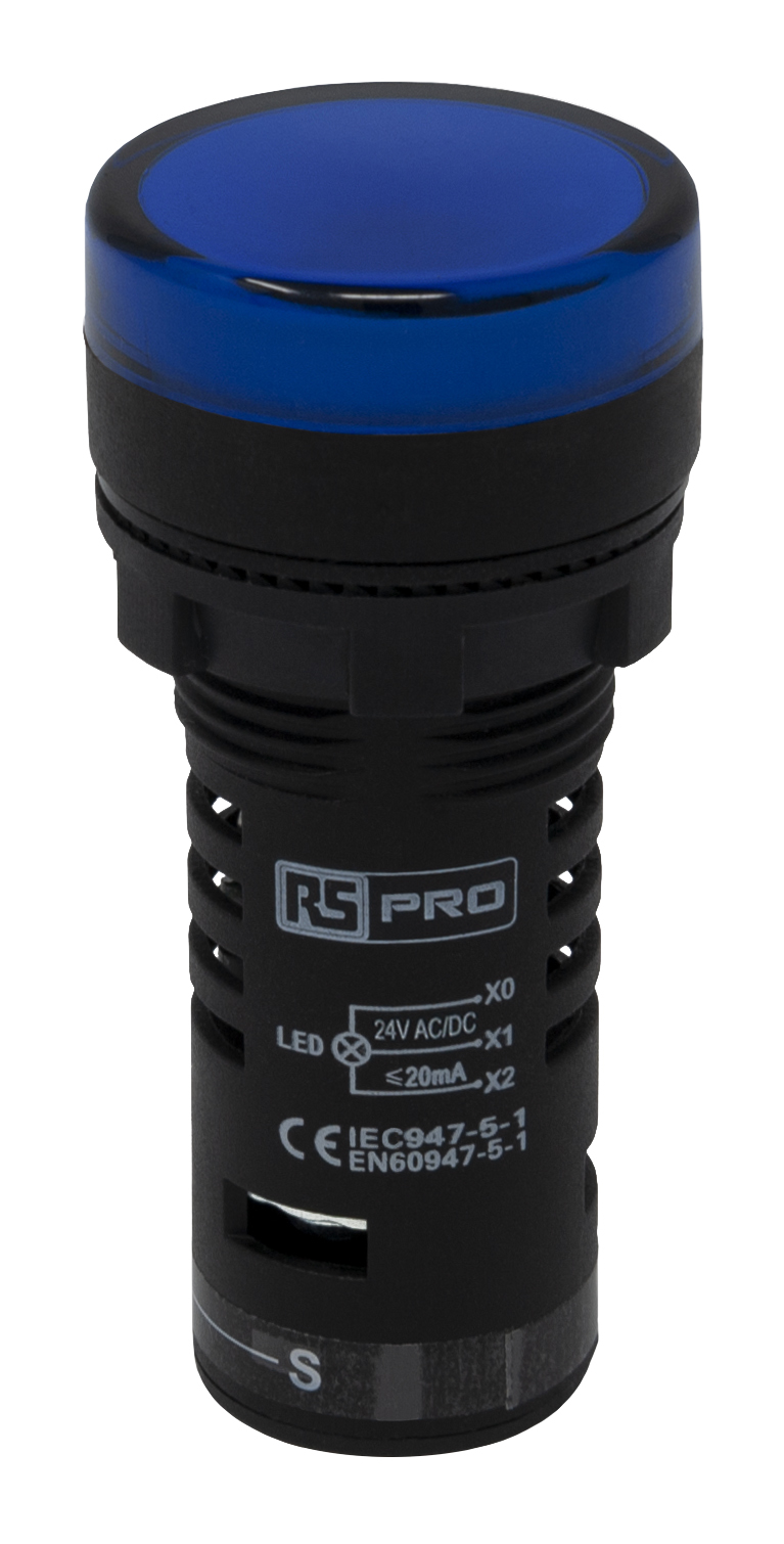 RS PRO, Panel Mount Blue LED Pilot Light, 22mm Cutout, IP65, Round, 24V ac/dc