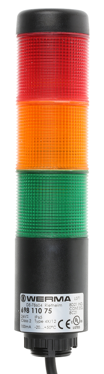 Werma Kompakt Series Red/Green/Yellow Signal Tower, 3 Lights, 24 V, Base Mount