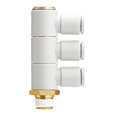 SMC KQ2 Series Triple Branch Universal Male Elbow, 12 mm to R 1/4 Male, Threaded-to-Tube Connection Style, KQ2VT12-02AS