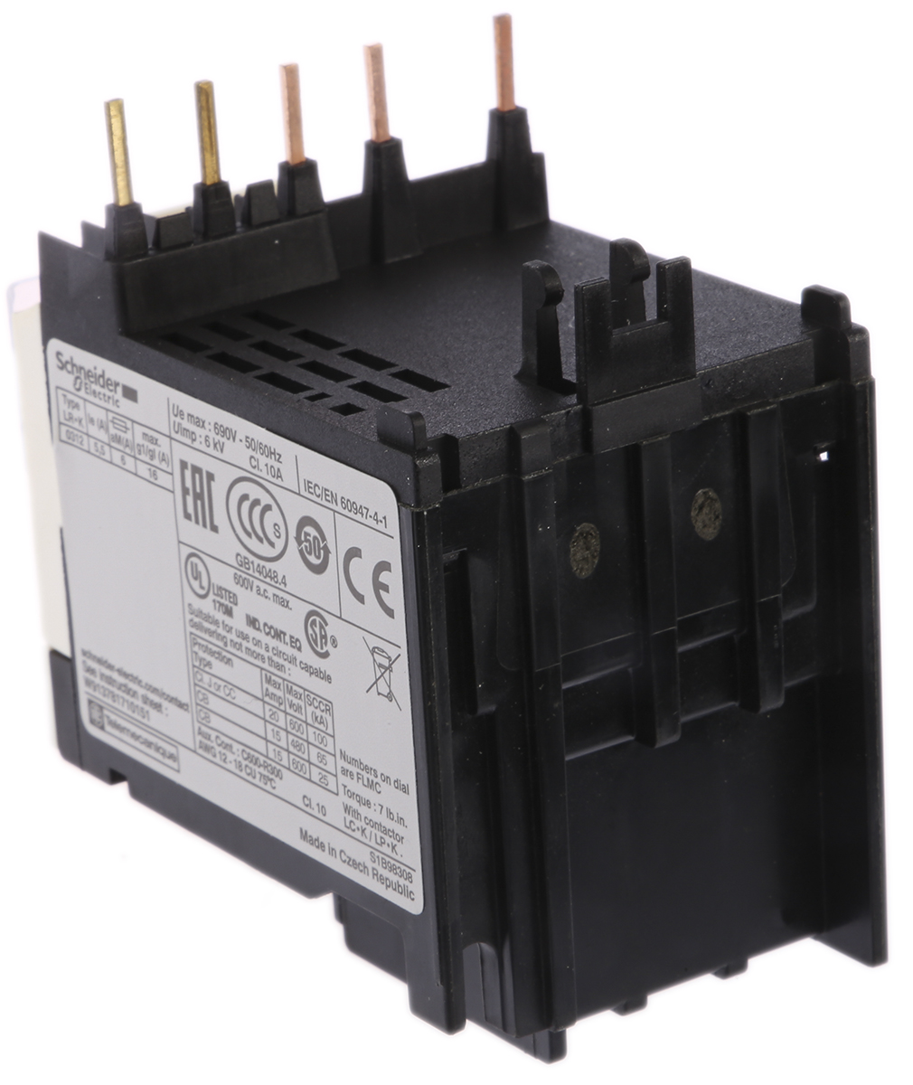 Schneider Electric LR2K Thermal Overload Relay 1NO + 1NC, 3.7 → 5.5 A F.L.C, 5.5 A Contact Rating, 100 W, 250 V