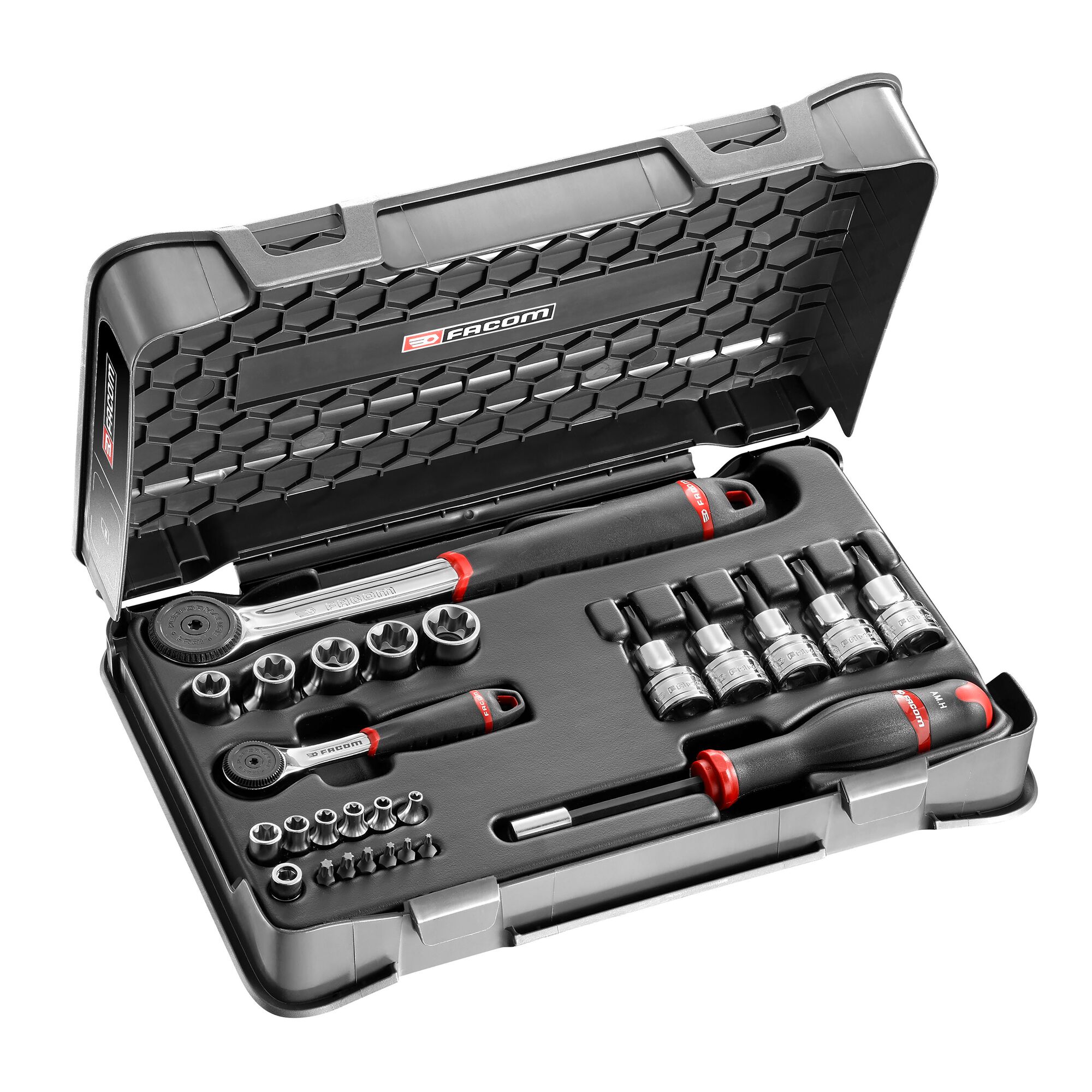 Facom 26-Piece Metric 1/2", 1/4" Standard Socket/Bit Set with Ratchet, Torx