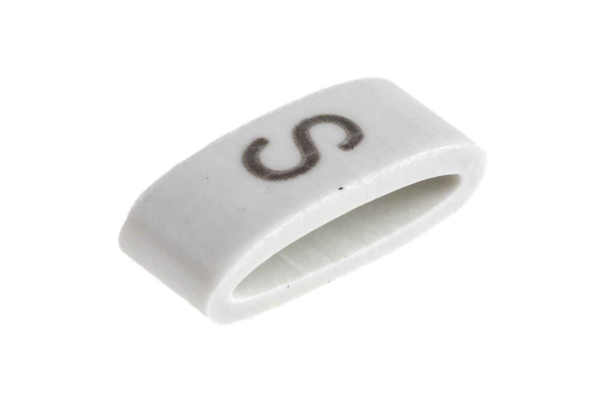 HellermannTyton HODS85 Slide On Cable Markers, Black on White, Pre-printed "S", 1.8 → 6.3mm Cable, 531-07879