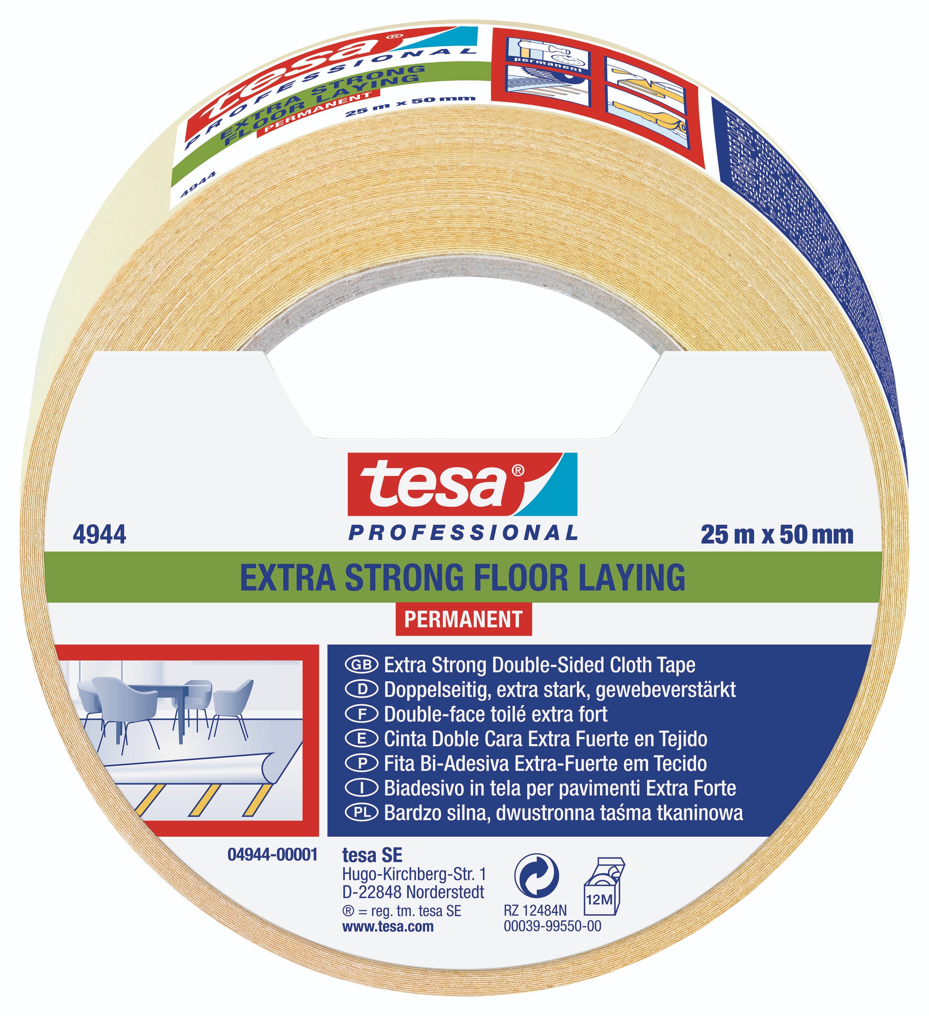 Tesa 4944 White Cloth 25m Floor Tape, 0.2mm Thickness
