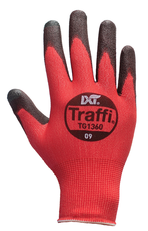Traffi TG1360 Black, Red Elastane, Nylon Glove, Size 8, Polyurethane Coating