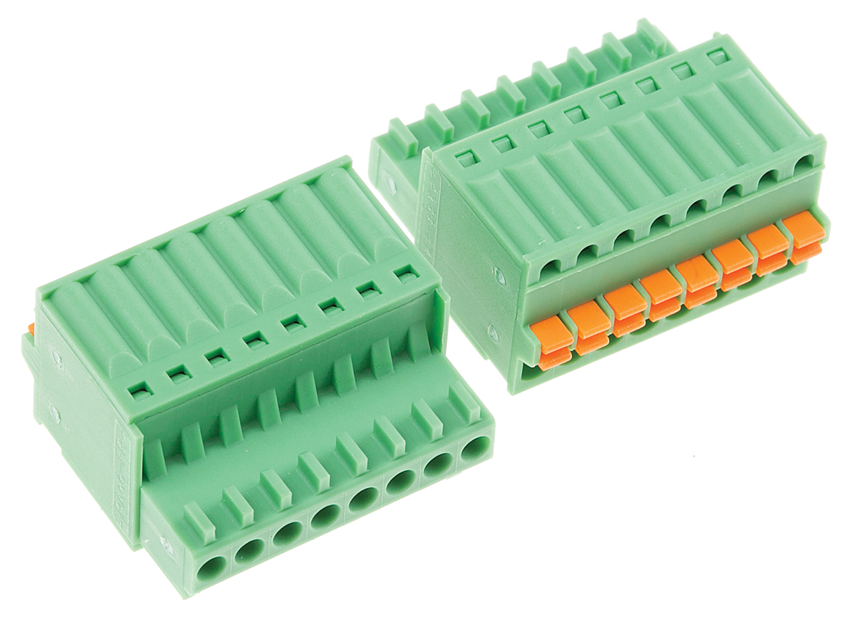 Phoenix Contact, 2.5mm Pitch, FK-MC 0.5/ 8-ST-2.5, 8 Way, , Pluggable Terminal Block, Plug, Push-In, Spring Cage