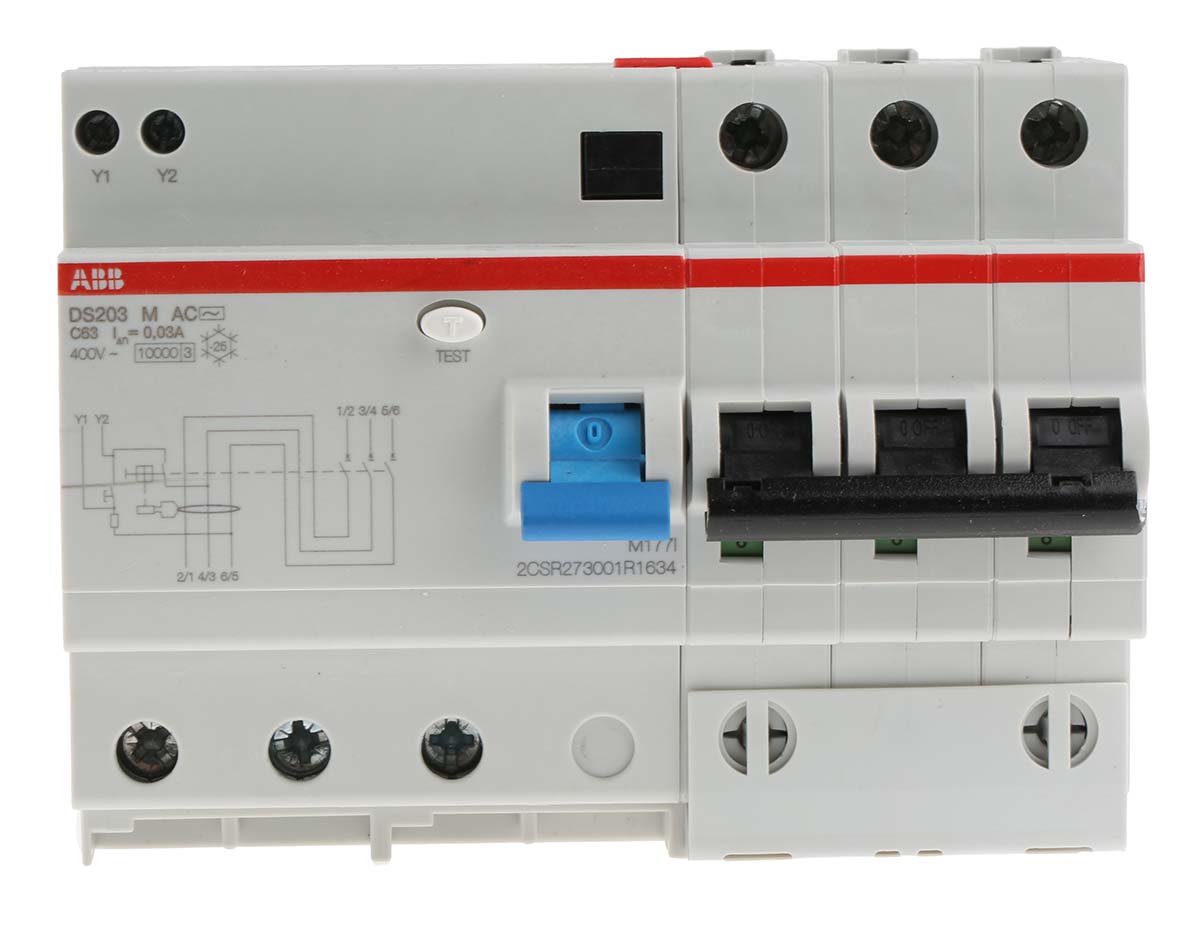 ABB RCBO, 63A Current Rating, 3P Poles, 30mA Trip Sensitivity, Type C, System Pro M Compact Range