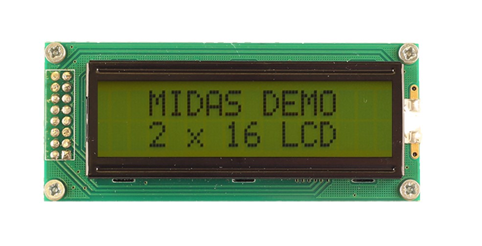 Midas MC21605B6W-SPR-V2 Alphanumeric LCD Display, Black on Yellow/Green, 1 Row by 16 Characters, Reflective