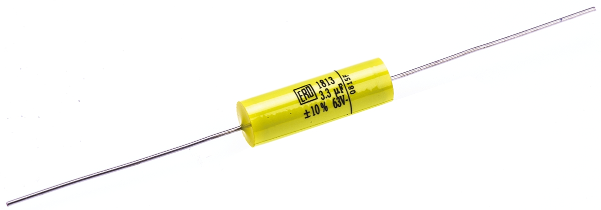 Vishay MKT 1813 Metallised Polyester Film Capacitor, 40 V ac, 63 V dc, ±10%, 3.3μF, Through Hole