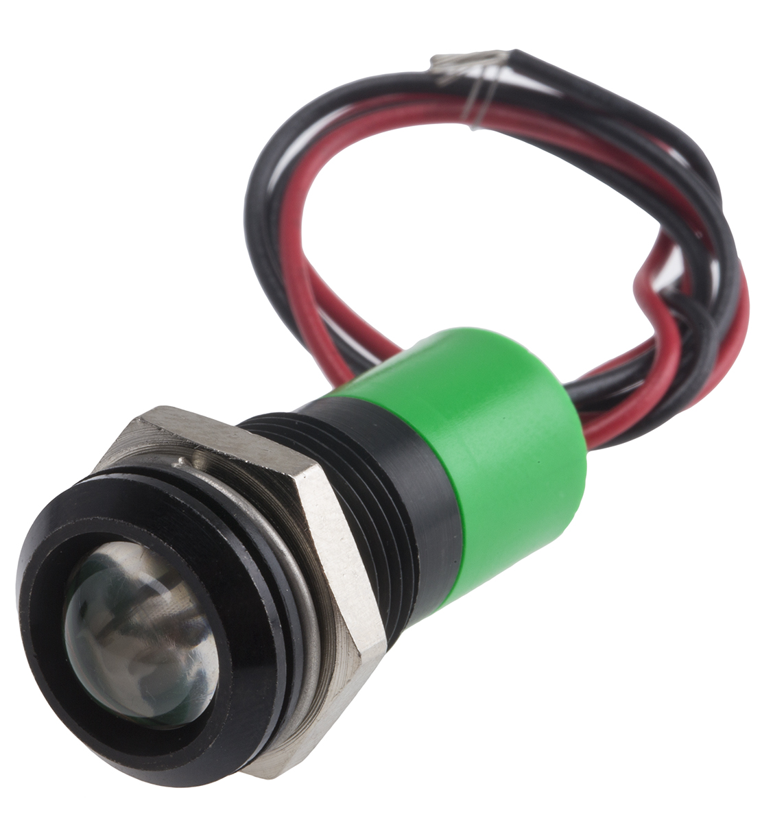 RS PRO Green Panel Mount Indicator, 110V ac, 14mm Mounting Hole Size, Lead Wires Termination, IP67