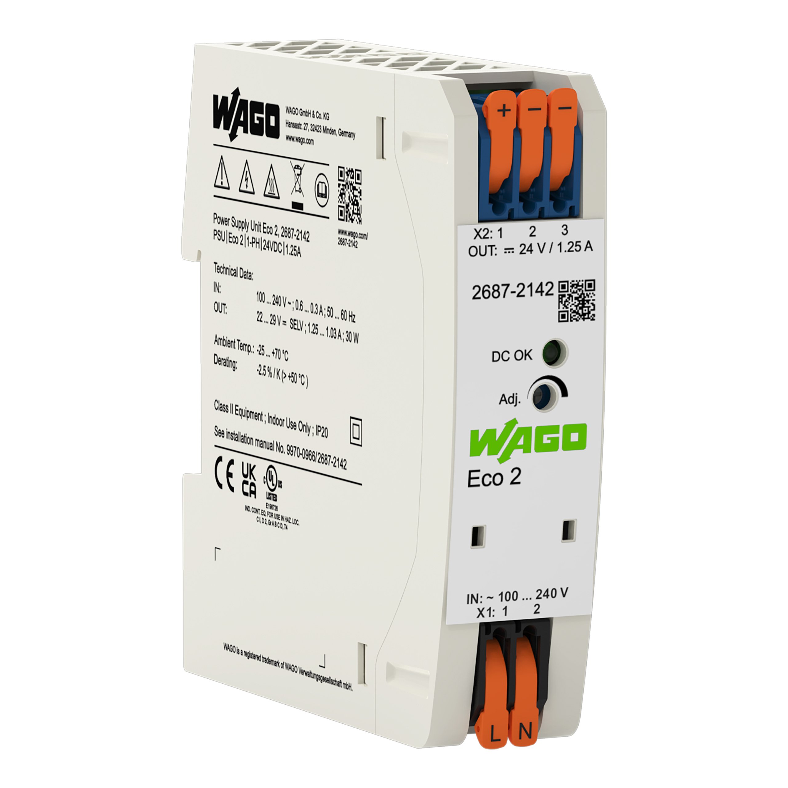 WAGO DIN Rail Power Supply, 90 → 264V, 24V dc, 1.25A Output, 30W