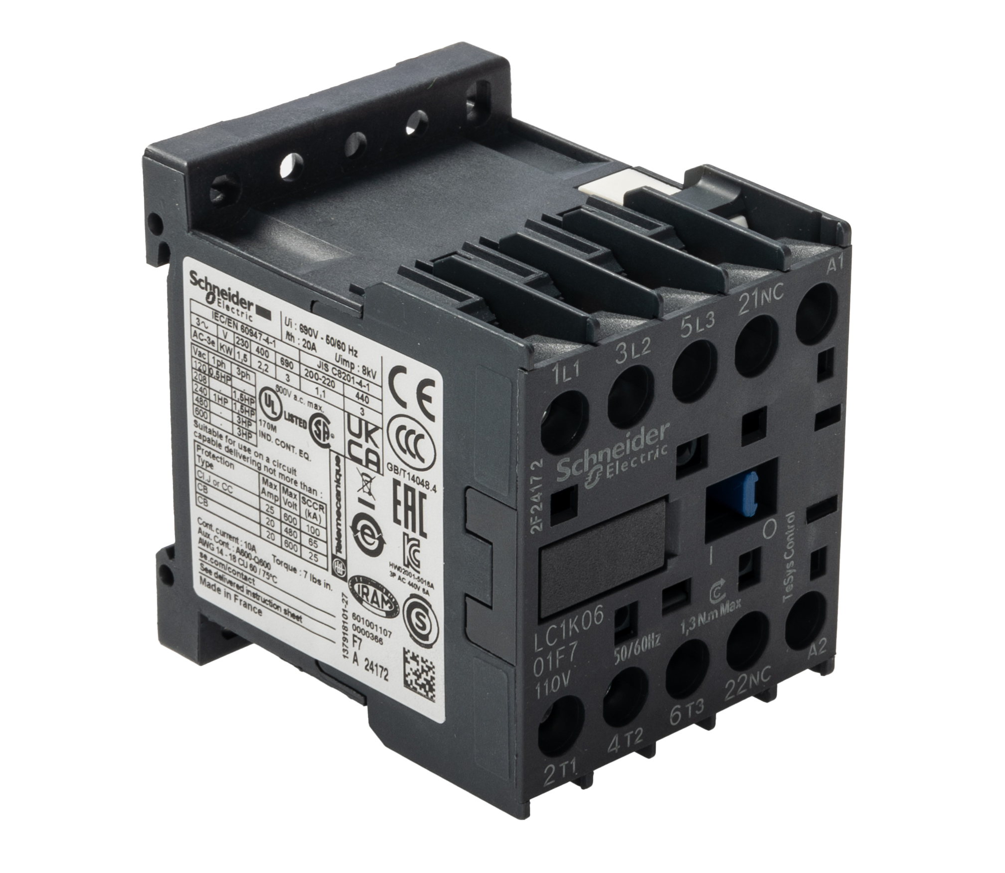 Schneider Electric TeSys K LC1K Contactor, 110 V ac Coil, 3-Pole, 6 A, 3 kW, 3NO, 690 V ac