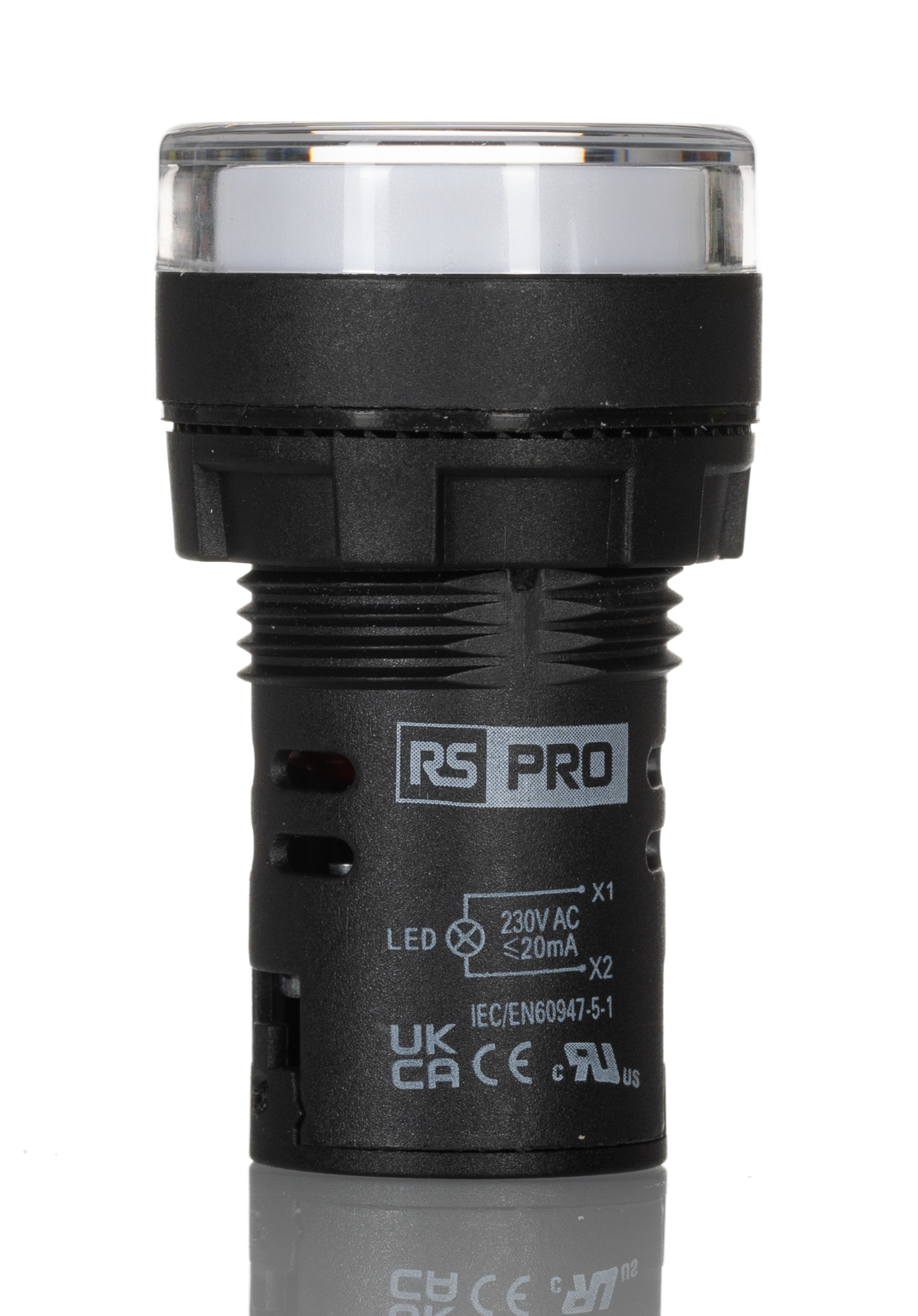 RS PRO, Panel Mount White LED Pilot Light, 22mm Cutout, IP65, Round, 230V ac