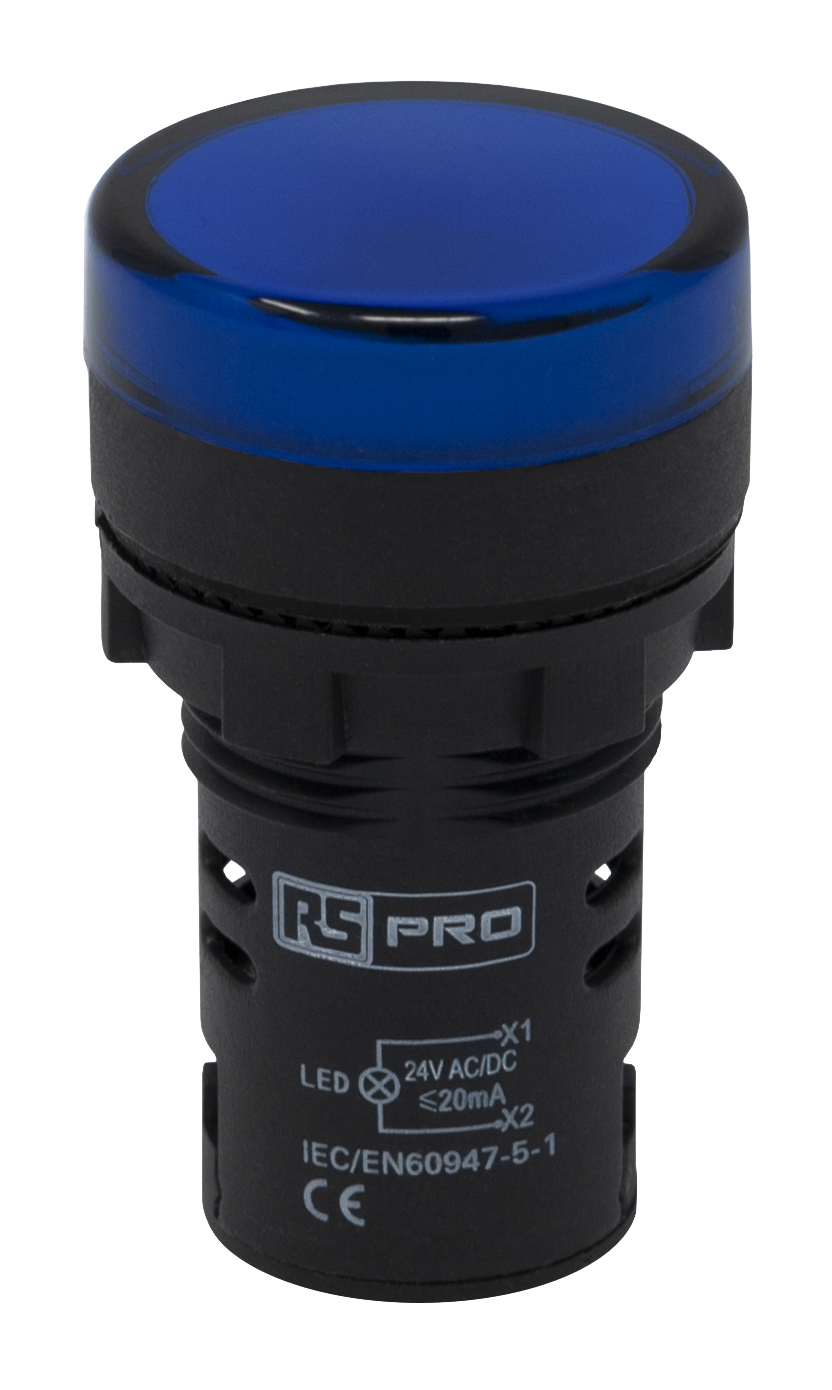 RS PRO, Panel Mount Blue LED Pilot Light, 22mm Cutout, IP65, Round, 24V ac/dc