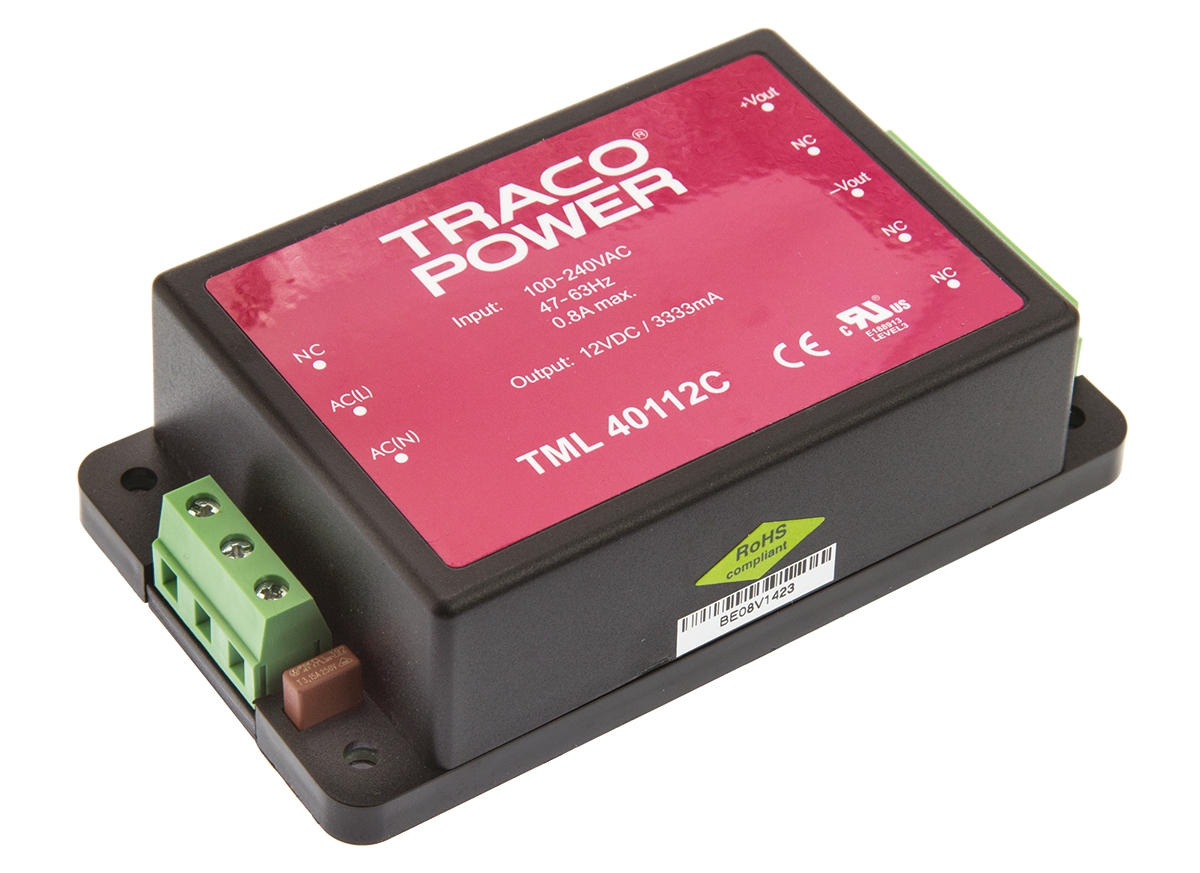 TRACOPOWER Switching Power Supply, TML 40112C, 12V dc, 3.333A, 40W, 1 Output, 100 → 375 V dc, 90 → 264 V
