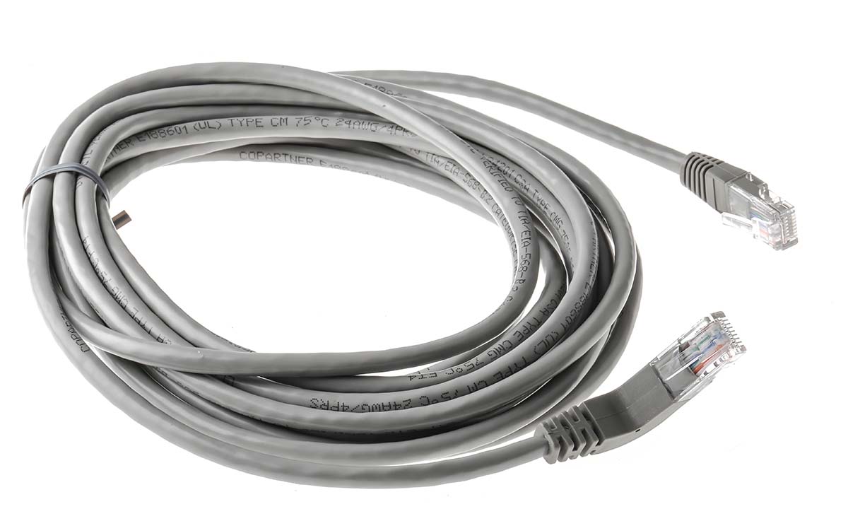 RS PRO, 5m Cat5e, Grey RJ45 to Male RJ45 Male, U/UTP Unshielded, Terminated PVC Sheath
