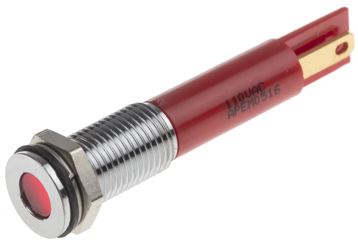 RS PRO Red Panel Mount Indicator, 110V ac, 8mm Mounting Hole Size, Faston, Solder Lug Termination, IP67