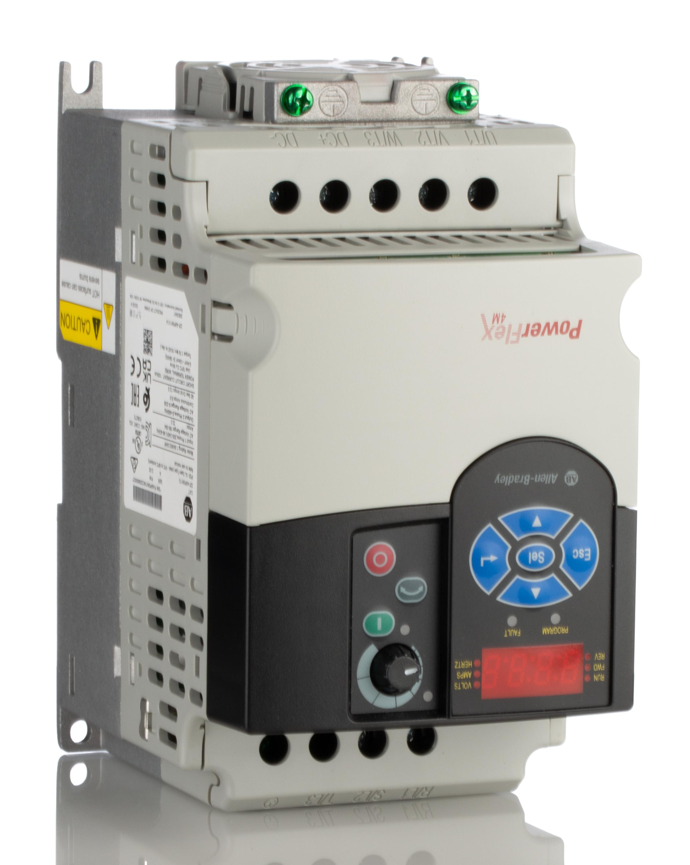 Allen Bradley Inverter Drive, 1.5 kW, 1 Phase, 240 V ac, 8 A, PowerFlex 4M Series