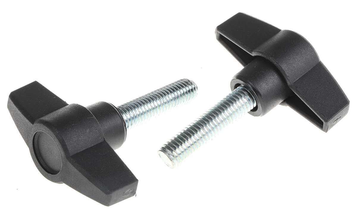 RS PRO Black Wing Clamping Knob, M10, Threaded Stud