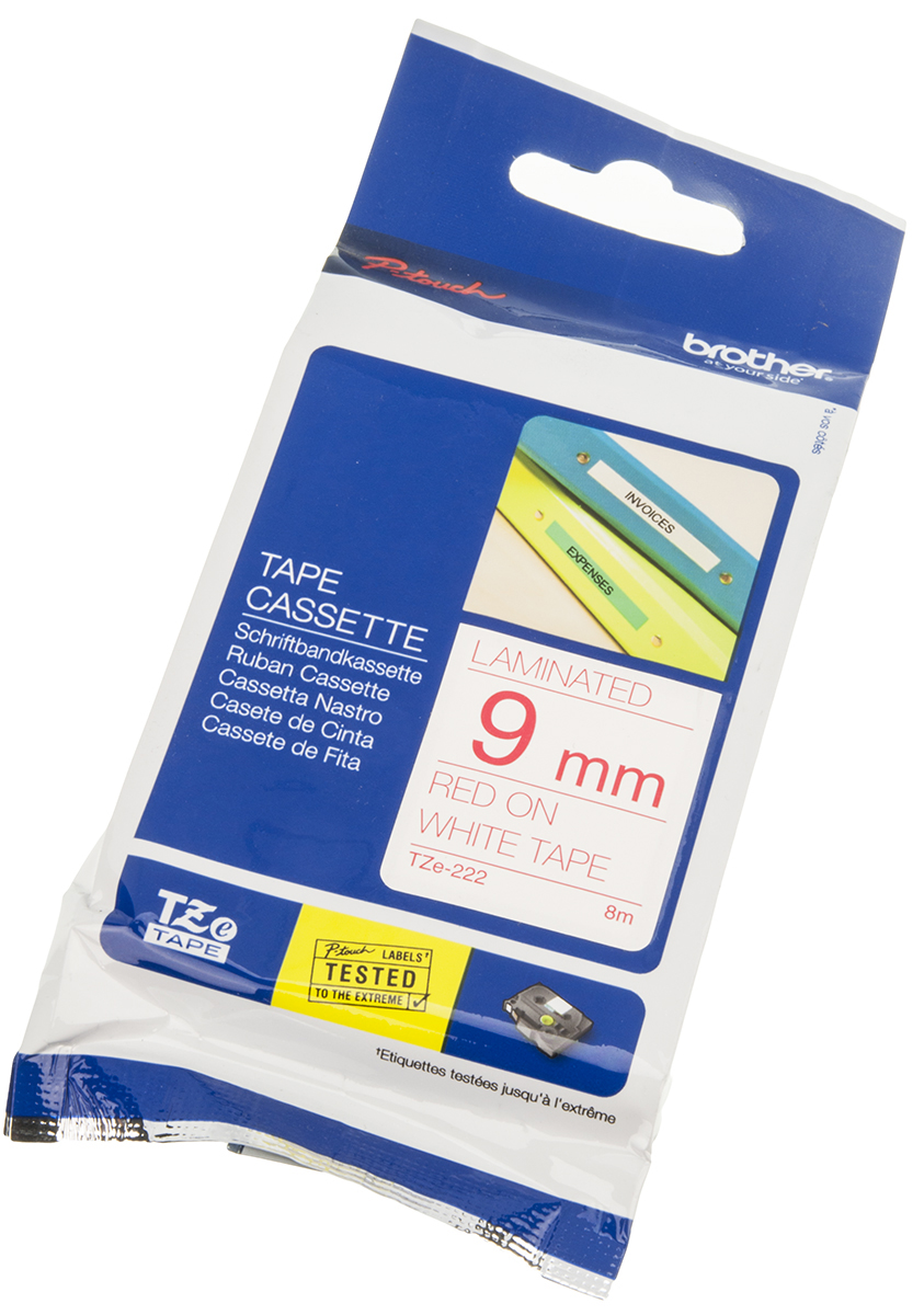 Brother Red on White Label Printer Tape, 8 m Length, 9 mm Width