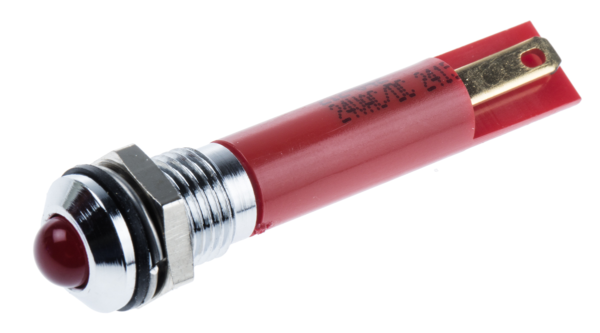 RS PRO Red Panel Mount Indicator, 24V dc, 8mm Mounting Hole Size, Solder Tab Termination, IP67