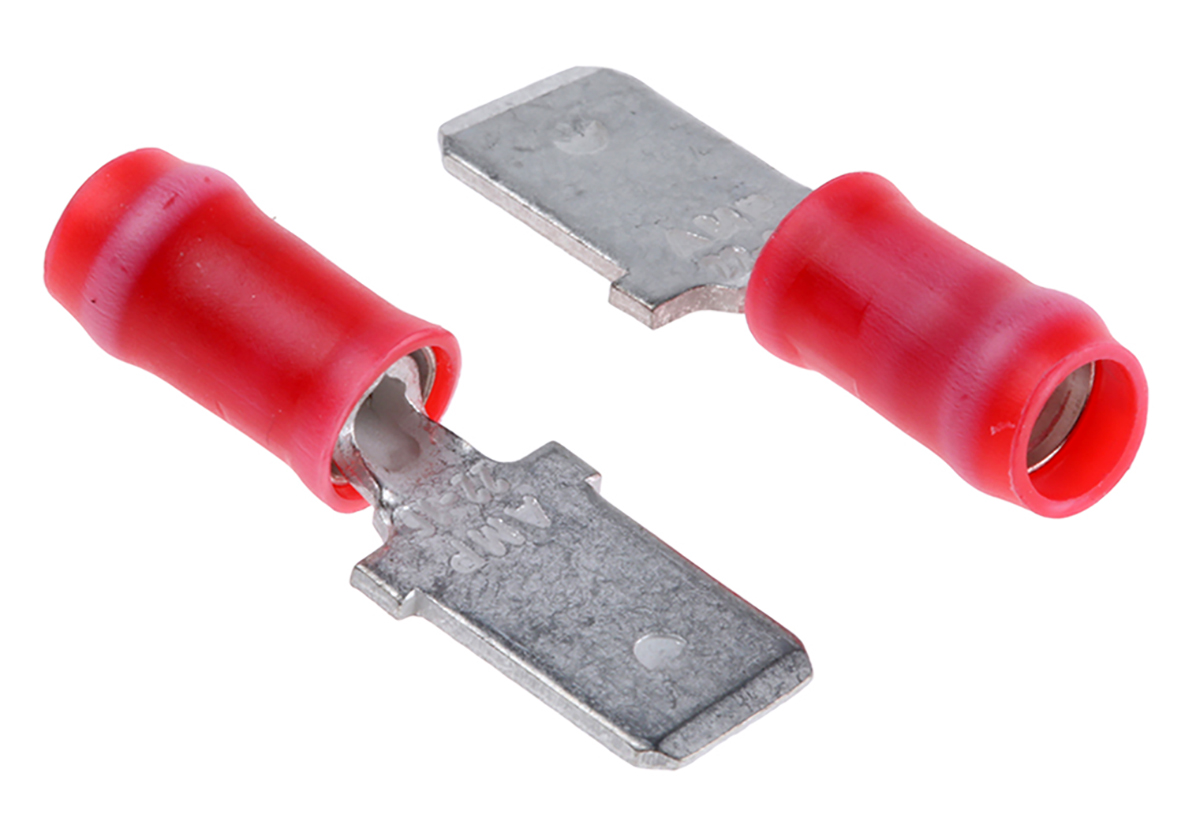 TE Connectivity PIDG FASTON .250 Red Insulated Male Spade Connector, Tab, 6.35 x 0.81mm Tab Size, 0.3mm² to 1.4mm²