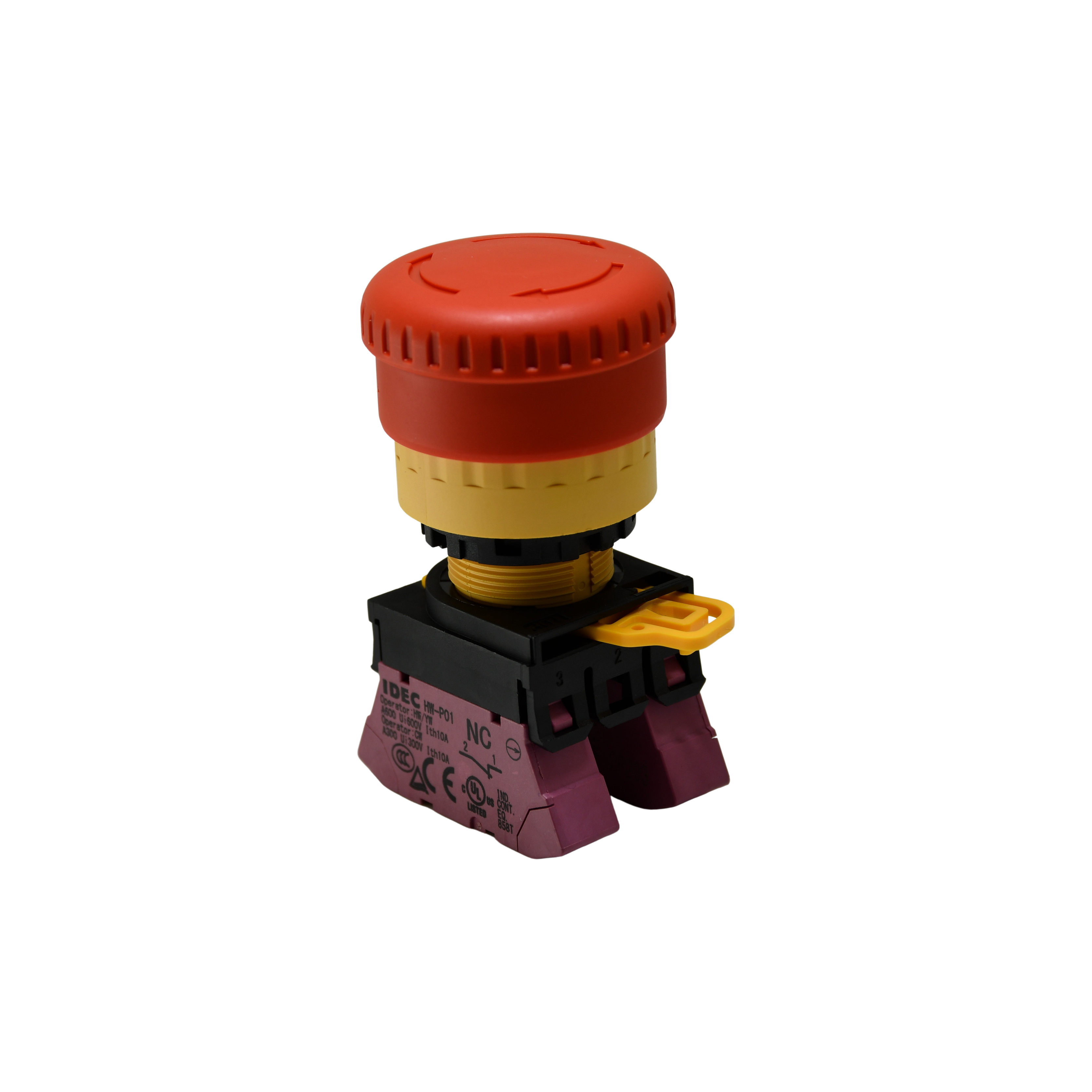 Idec YW1B Series Push Lock Turn Reset Emergency Stop Push Button, Panel Mount, 22mm Cutout, 2XNC, IP65, IP67, IP69K