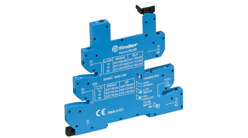 Finder 93 6 → 24V DIN Rail Relay Socket, for use with 34 Series Relays