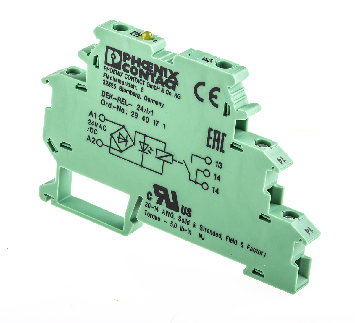 Phoenix Contact DEK-REL- 24/I/1 Series Interface Relay, DIN Rail Mount, 24V ac/dc Coil, SPST, 1-Pole