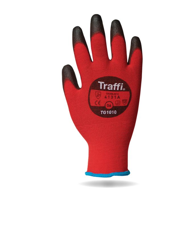 Traffi TG1010 Black, Red Nylon Nylon General Handling Gloves, Size 9, Polyurethane Coating