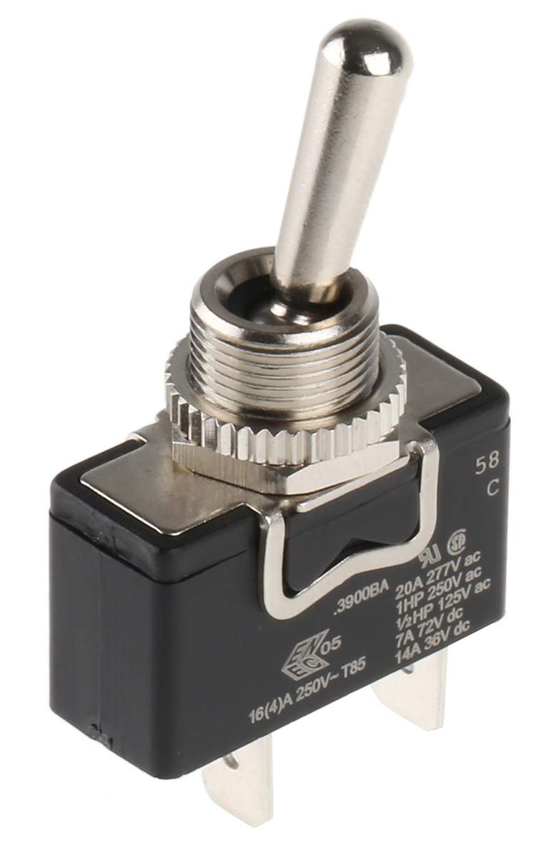 Arcolectric (Bulgin) Ltd Toggle Switch, Panel Mount, On-Off, SPST, Tab Terminal, 250V ac