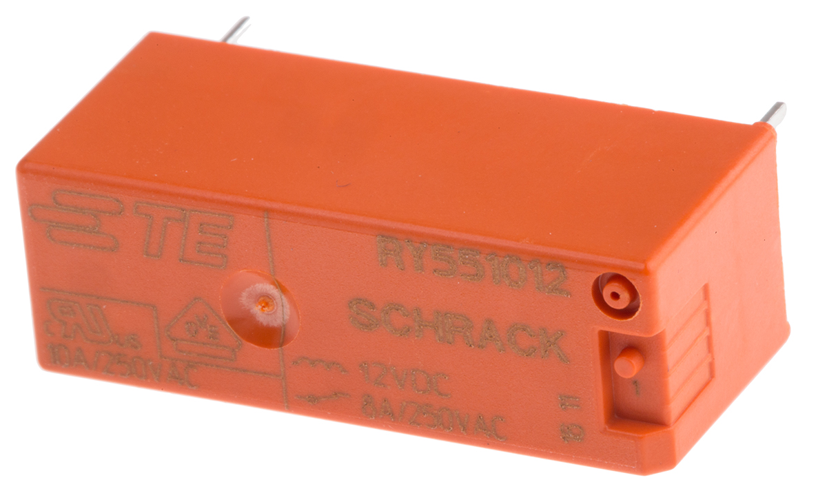 TE Connectivity PCB Mount Power Relay, 12V dc Coil, 8A Switching Current, SP-NC
