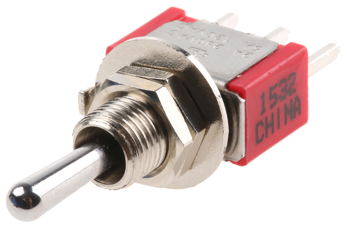 TE Connectivity Toggle Switch, PCB Mount, On-Off-On, SPDT, Through Hole Terminal, 120 V ac, 28V dc