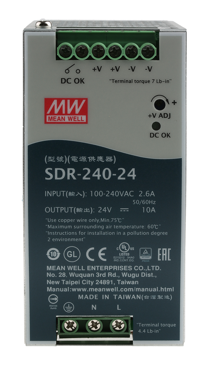 MEAN WELL SDR Switched Mode DIN Rail Power Supply, 88 → 264V ac ac Input, 24V dc dc Output, 10A Output, 240W