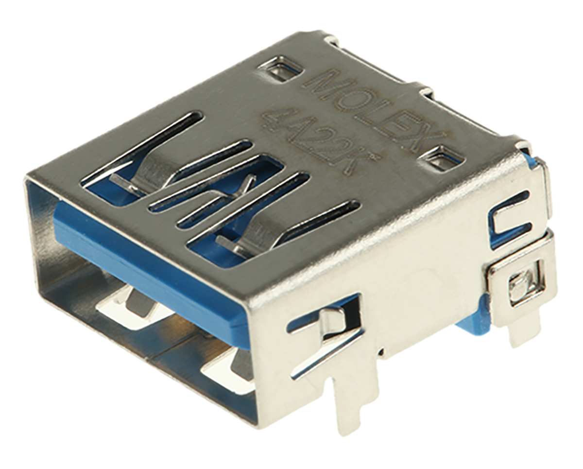 Molex Right Angle, Through Hole, Socket- Single Port Type A 3.0 USB Connector