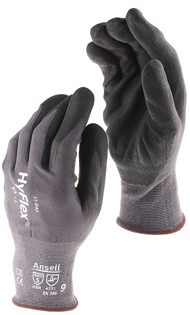 Ansell HyFlex 11-840 Grey Nylon, Spandex Nylon, Spandex Work Gloves, Size 8, Nitrile Coating