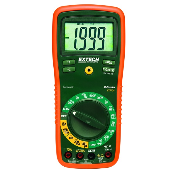 Extech EX410A Backlit LCD Multimeter, 10A ac Max, 10A dc Max, 600V ac Max