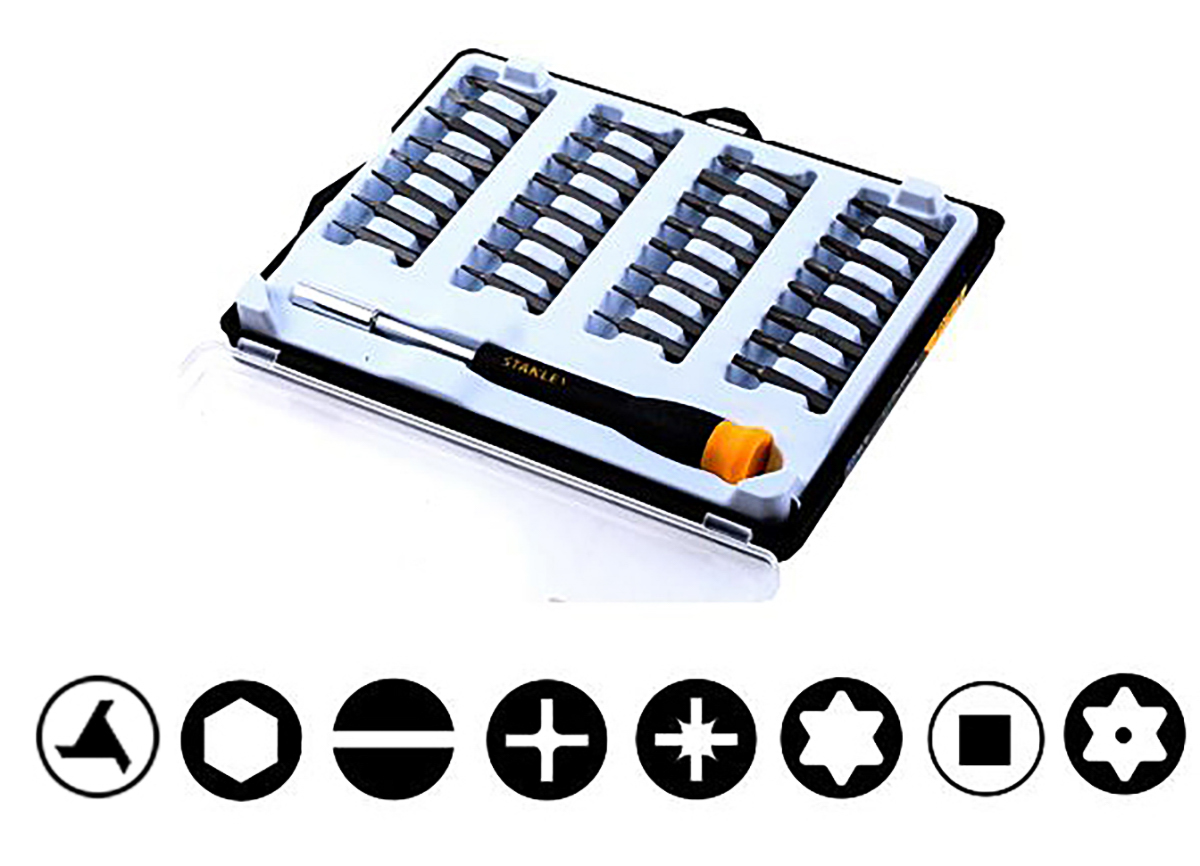 Stanley Hexagon; Phillips; Pozidriv; Slotted; Square; Tamperproof Torx; Torx; Triwing Interchangeable Precision