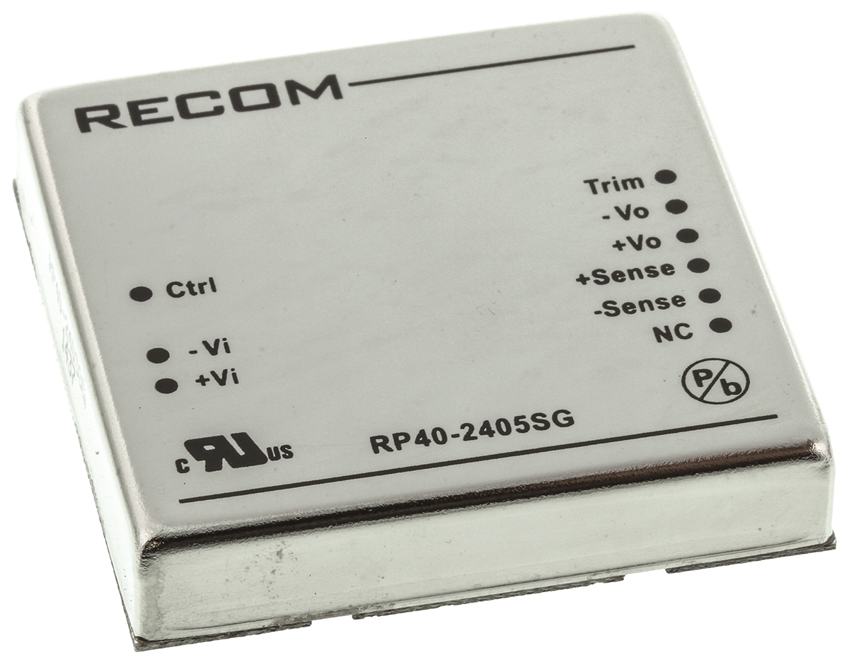 Recom RP40 G DC-DC Converter, 5V dc/ 8A Output, 18 → 36 V dc Input, 40W, Through Hole, +85°C Max Temp -40°C Min