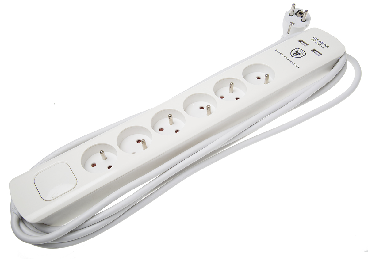 RS PRO 5m 6 Socket Type E - French Extension Lead, 250 V