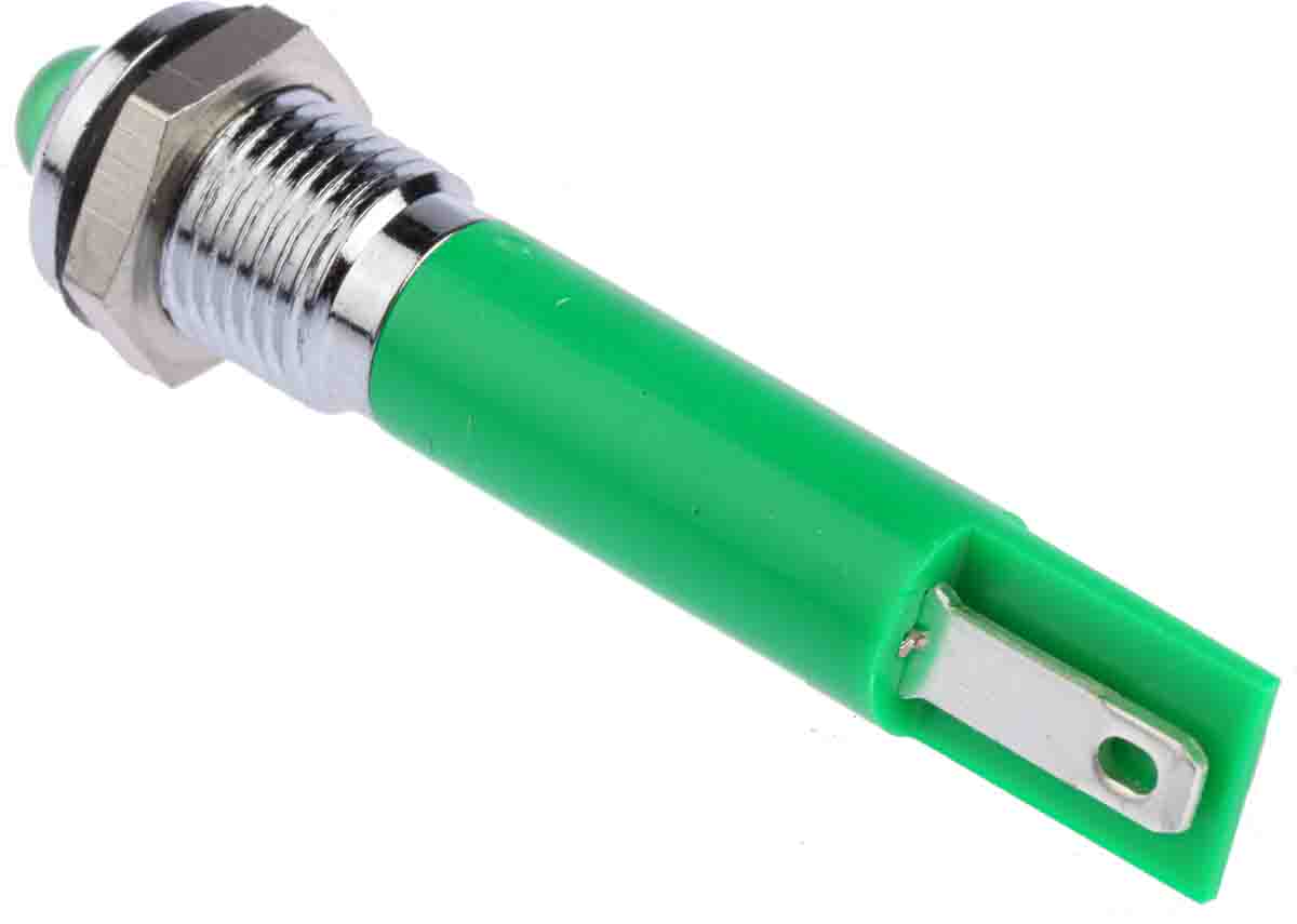 RS PRO Green Panel Mount Indicator, 24V dc, 8mm Mounting Hole Size, Solder Tab Termination, IP67
