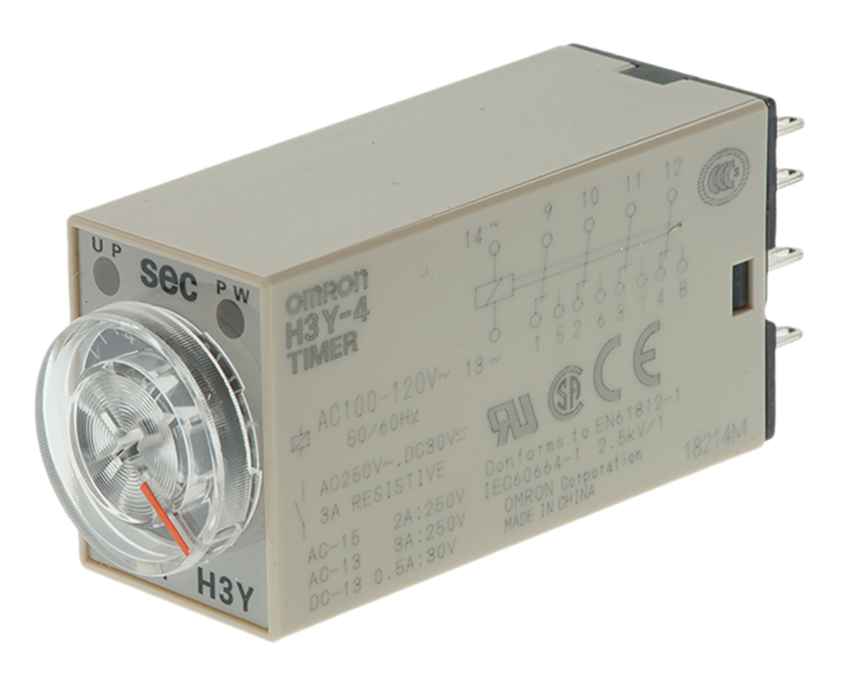 Omron H3Y-4 Series DIN Rail, Surface Mount Timer Relay, 100 → 120V ac, 4-Contact, 0.5 → 10 s, 1-Function,