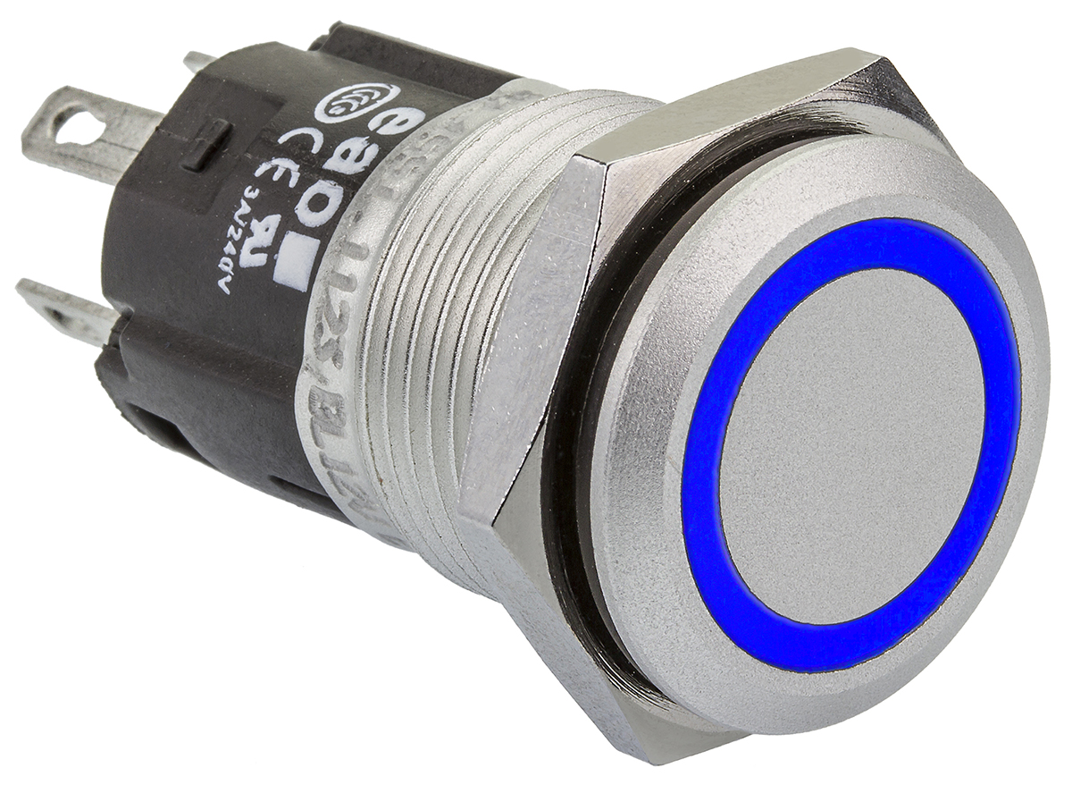 EAO 82 Series Illuminated Push Button Switch, Momentary, Panel Mount, 16mm Cutout, SPDT, Blue LED, 240V, IP65, IP67
