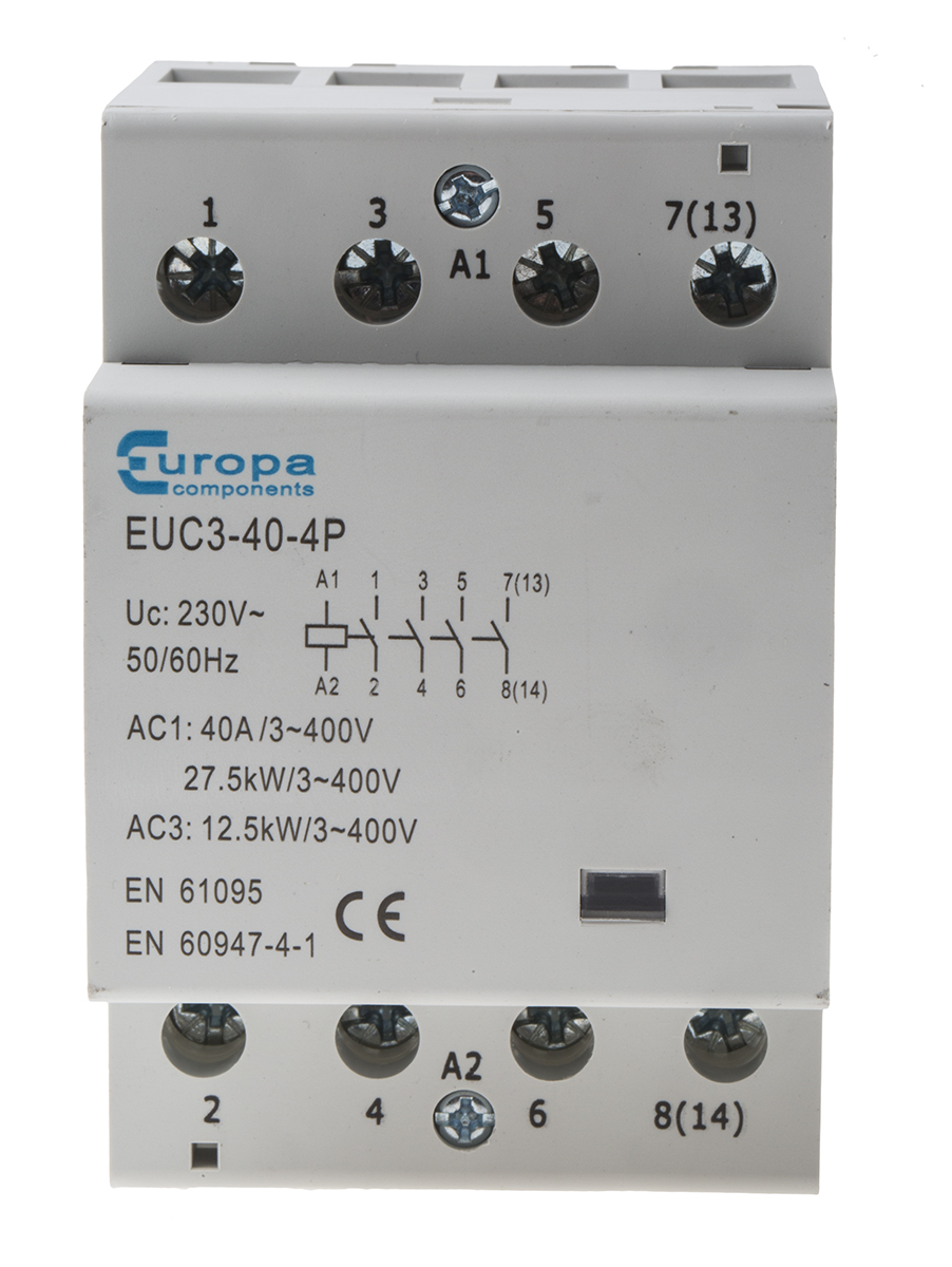 Europa Contactor, 230 V ac Coil, 4-Pole, 40 A, 12.5 kW, 4NO, 400 V ac