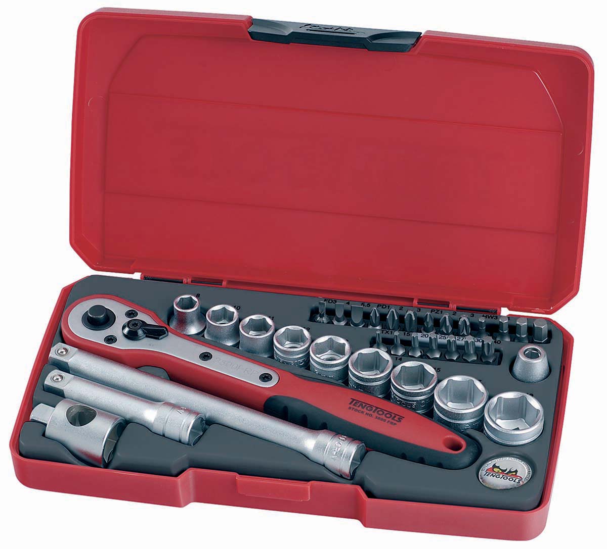 Teng Tools 34-Piece Metric 3/8 in Standard Socket/Bit Set with Ratchet, 6 point; Hex Bit; Phillips Bit; Pozidriv Bit;