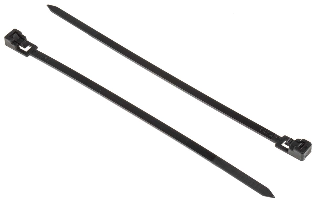 RS PRO Cable Tie, Releasable, 150mm x 4.5 mm, Black Nylon, Pk-100